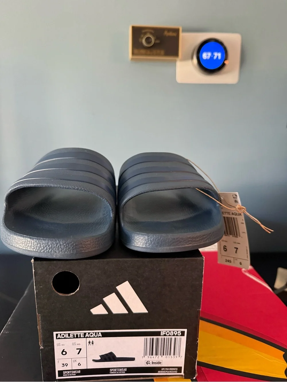 adidas Navy Slide Sandals with Striped Strap